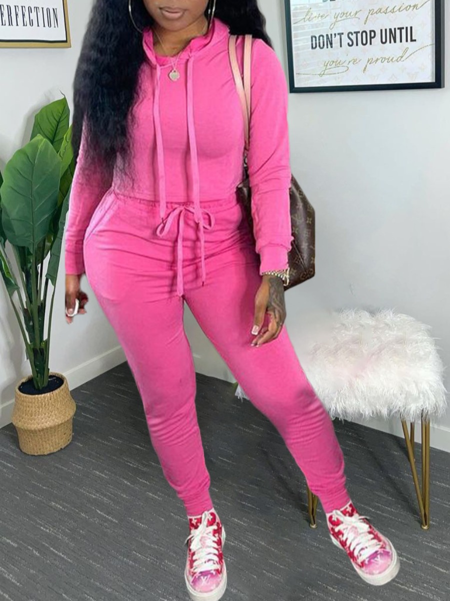 

LW Hooded Collar Drawstring Tracksuit Set, Rose red