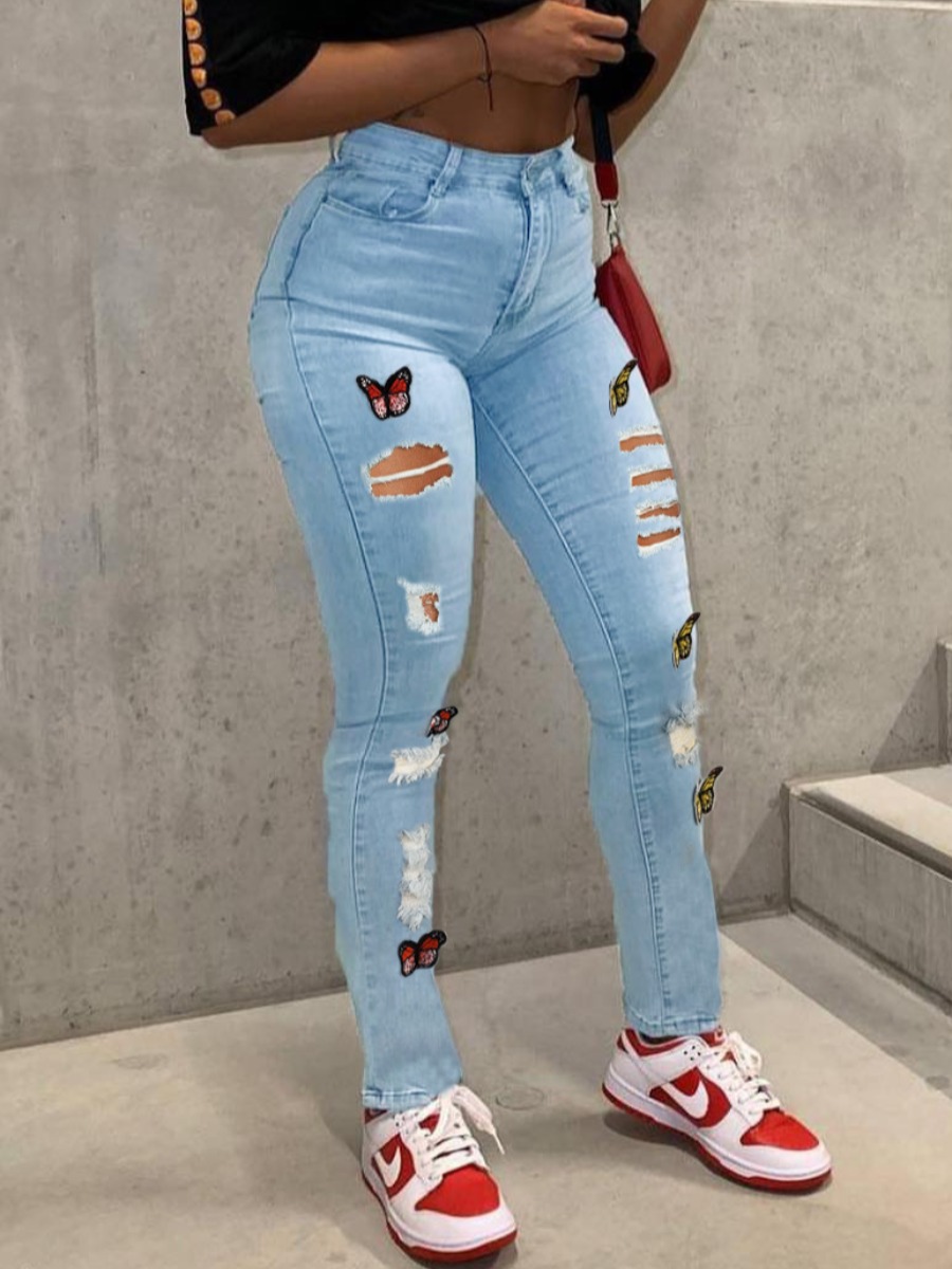 

LW High Waist Butterfly Print Ripped Jeans, Baby blue