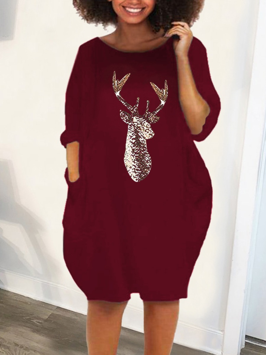 

LW Animal Print Pocket Design Dress, Wine red