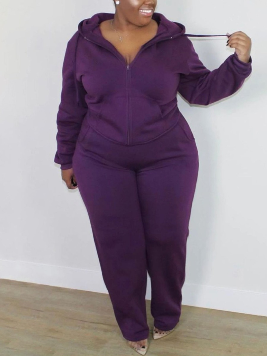 

LW BASICS Plus Size Zipper Pocket Design Tracksuit Set, Purple