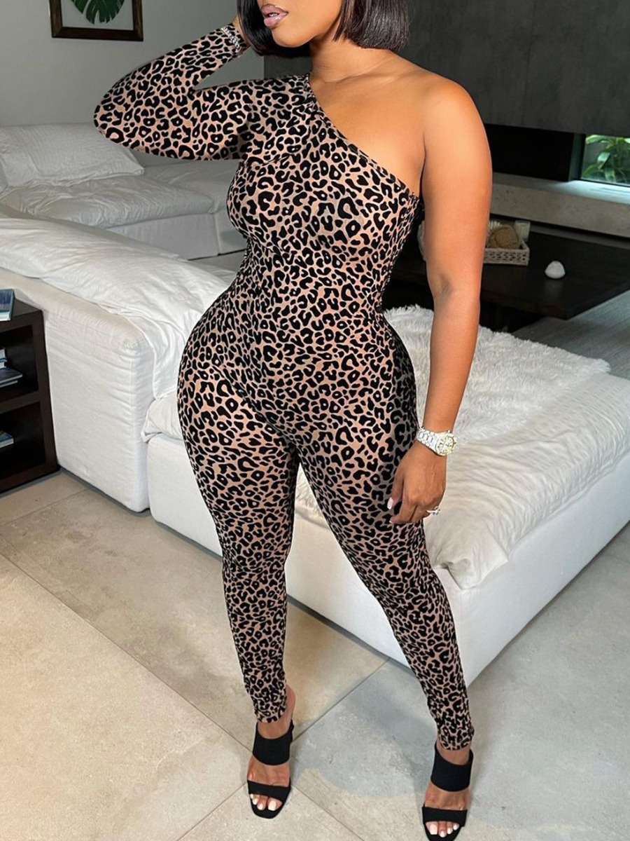 

LW SXY One Shoulder Leopard Print Skinny Jumpsuit, Light tan