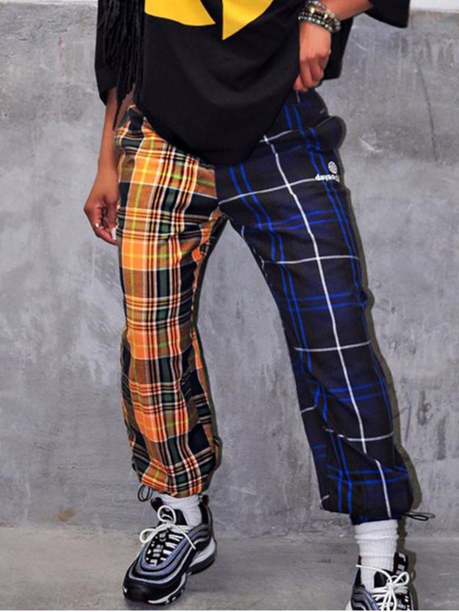 

LW Patchwork Plaid Loose Pants, Blue
