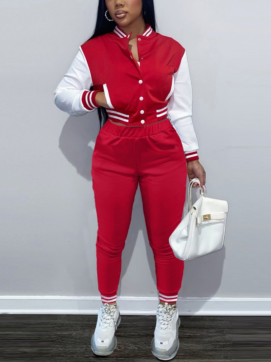 

LW Pocket Design Striped Patchwork Tracksuit Set, Red