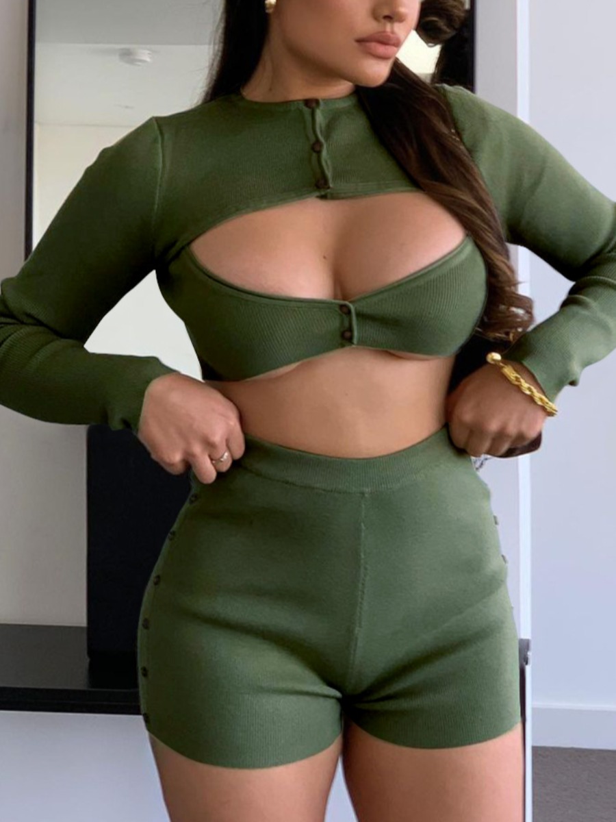 

LW Rib-Knit Cut Out Shorts Set, Green
