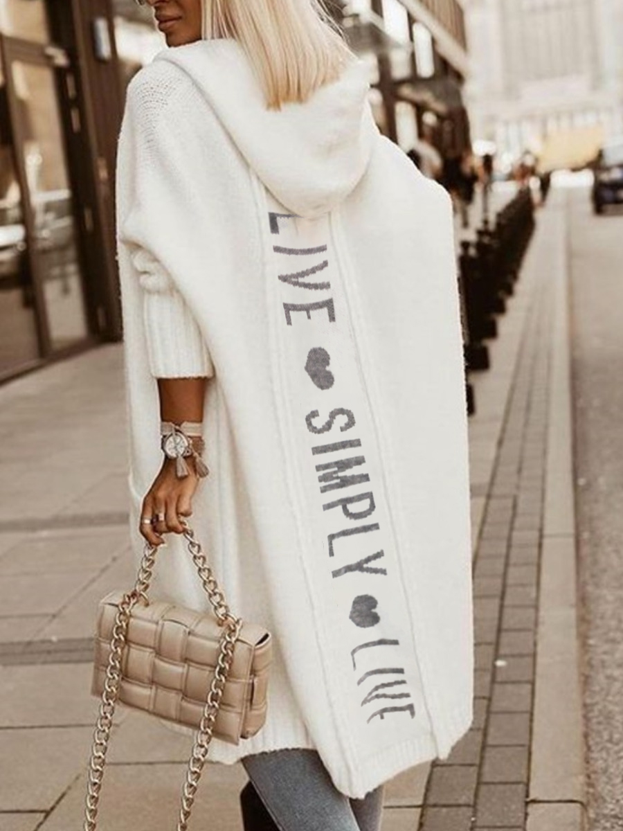 

LW Hooded Collar Letter Print Cardigan, White