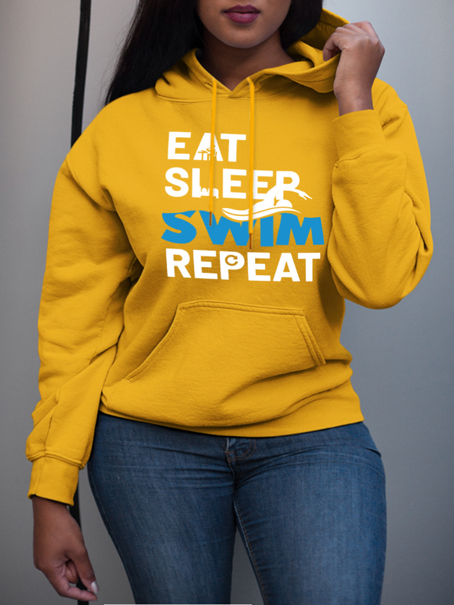 

LW Plus Size Letter Print Kangaroo Pocket Hoodie, Yellow
