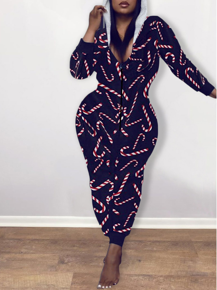 

LW Plus Size Hooded Collar Rope Print Jumpsuit, Black