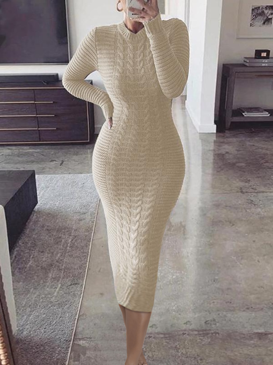 LW Rib Knit Basic Solid Bodycon Dress, Beige