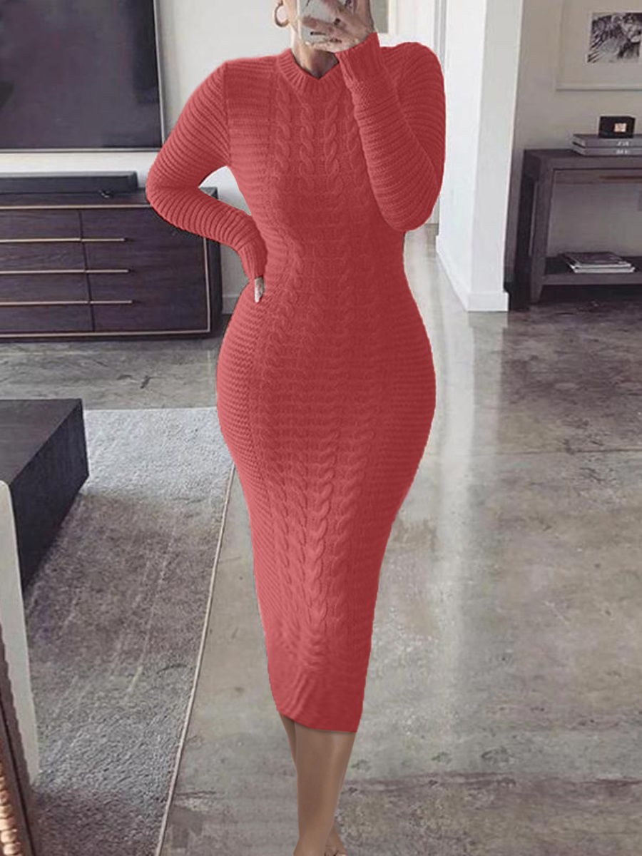 

LW Round Neck Sweater Bodycon Dress, Watermelon red