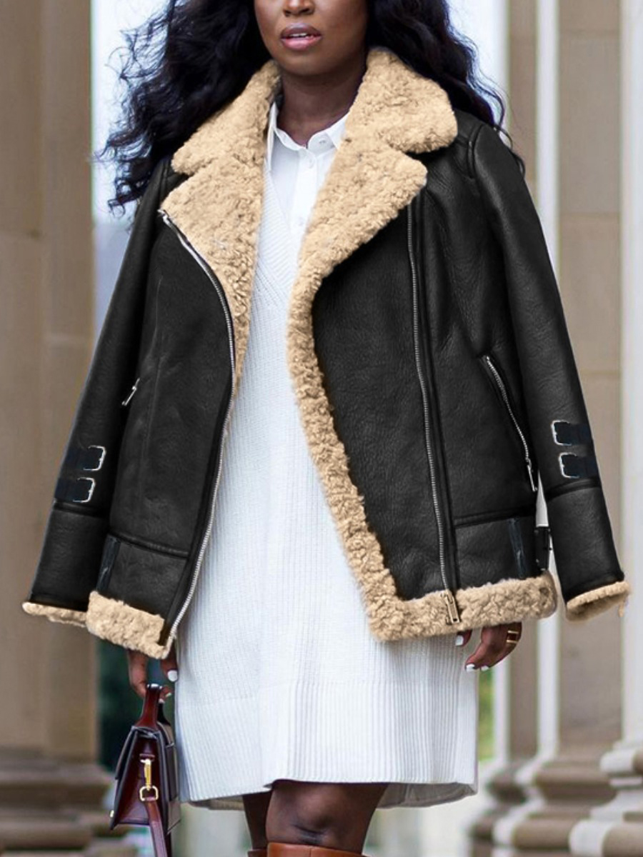 

LW Plush Zipper Design Teddy Leather Jacket, Black