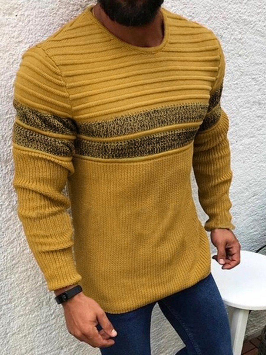

LW COTTON Men Round Neck Line Stitching Sweater, Yellow