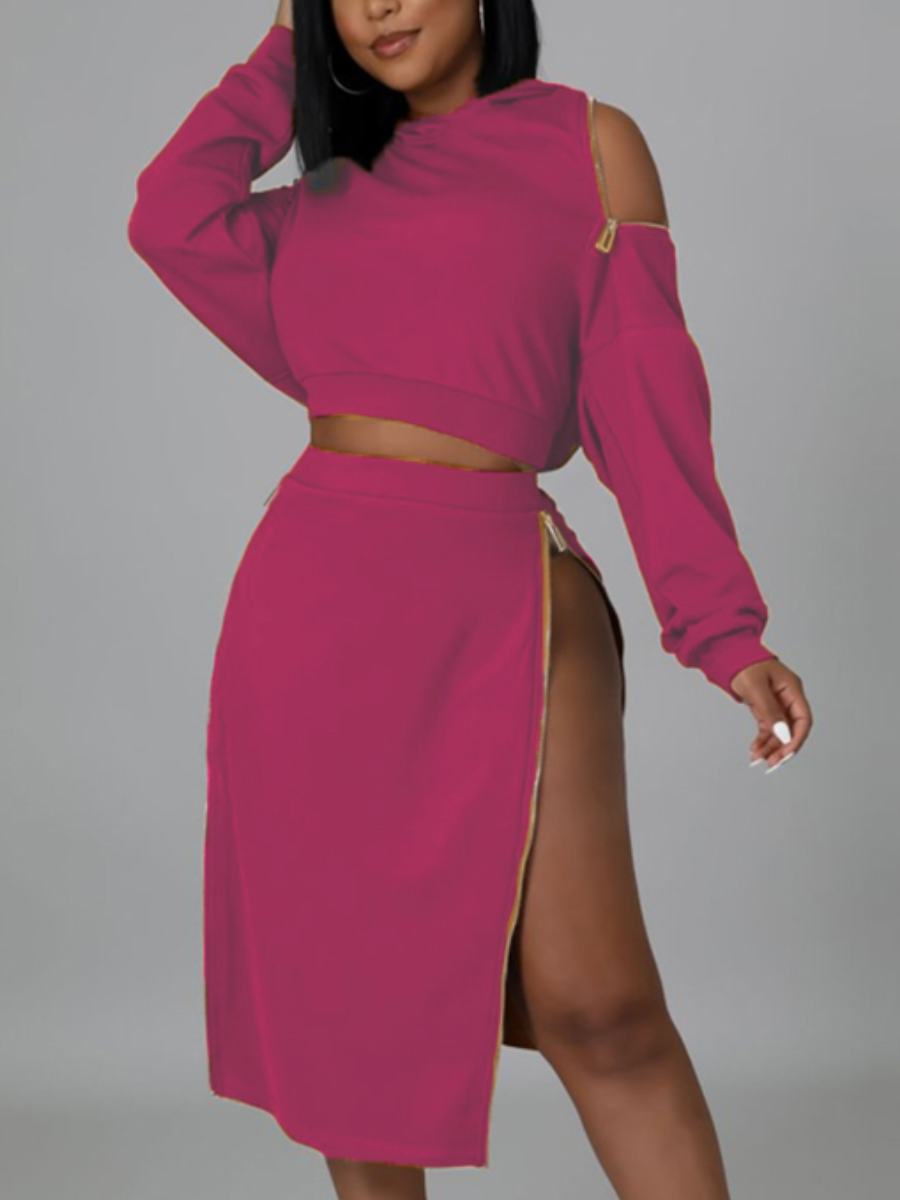 

LW SXY Hooded Collar Zipper Design Skirt Set, Rose red