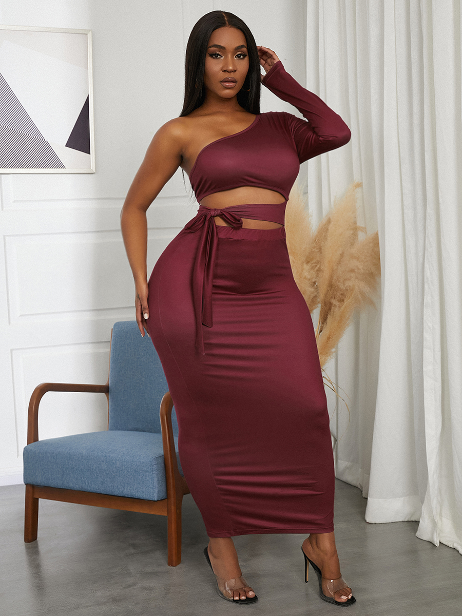 

LW SXY One Shoulder Cut Out Bodycon Dress, Wine red