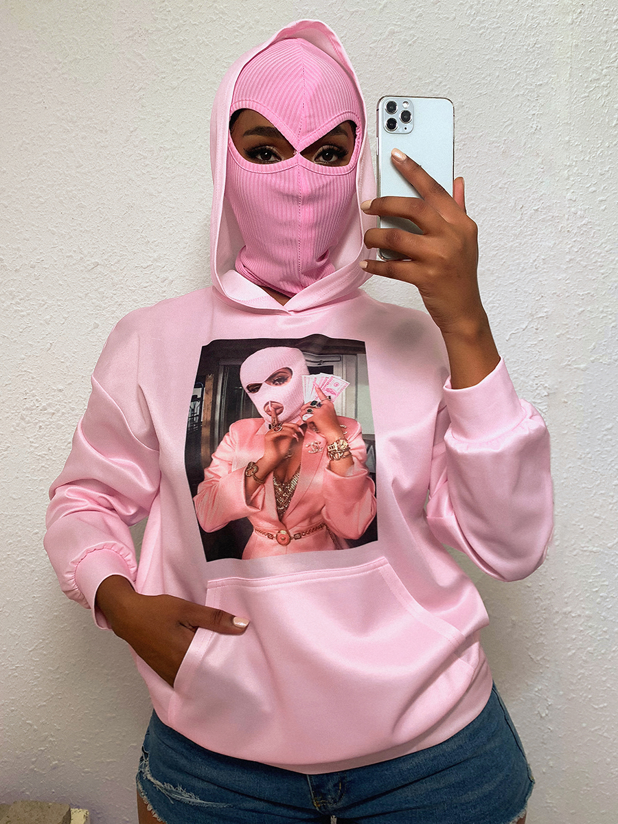 LW Masked Face Print Kangaroo Pocket Hoodie