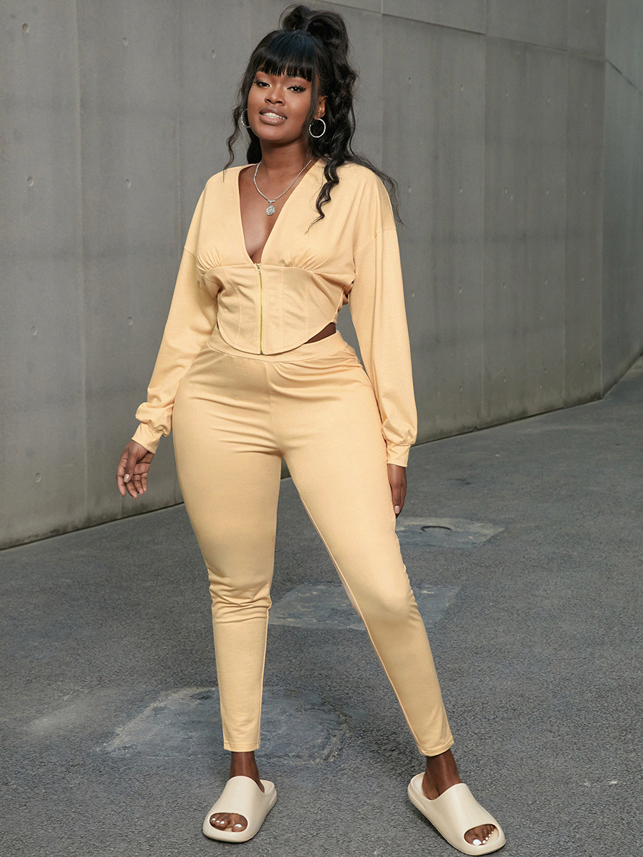 LW V Neck Drawstring Pants Set