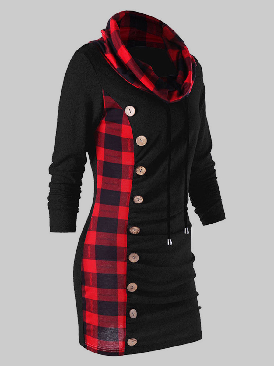 

LW Plus Size Turtleneck Contrast Plaid Patchwork Button Design Drawstring Dress, Black