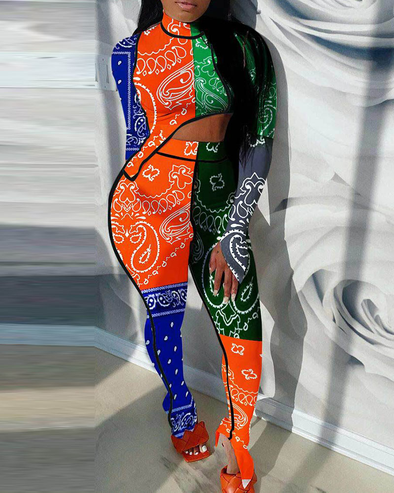 

LW Cashew Print Cut Out Split Pants Set, Multi