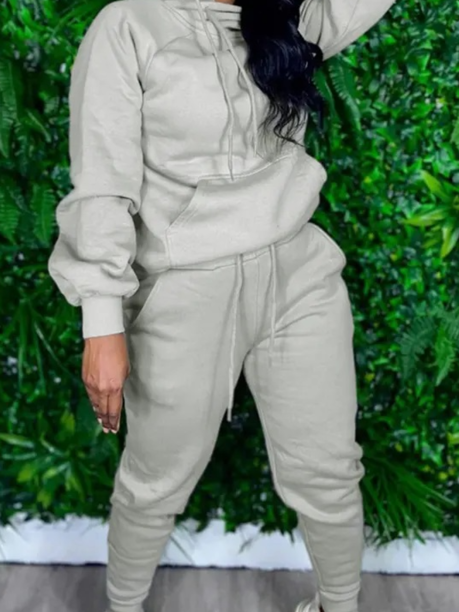 

LW Hooded Collar Kangaroo Pocket Tracksuit Set, Grey