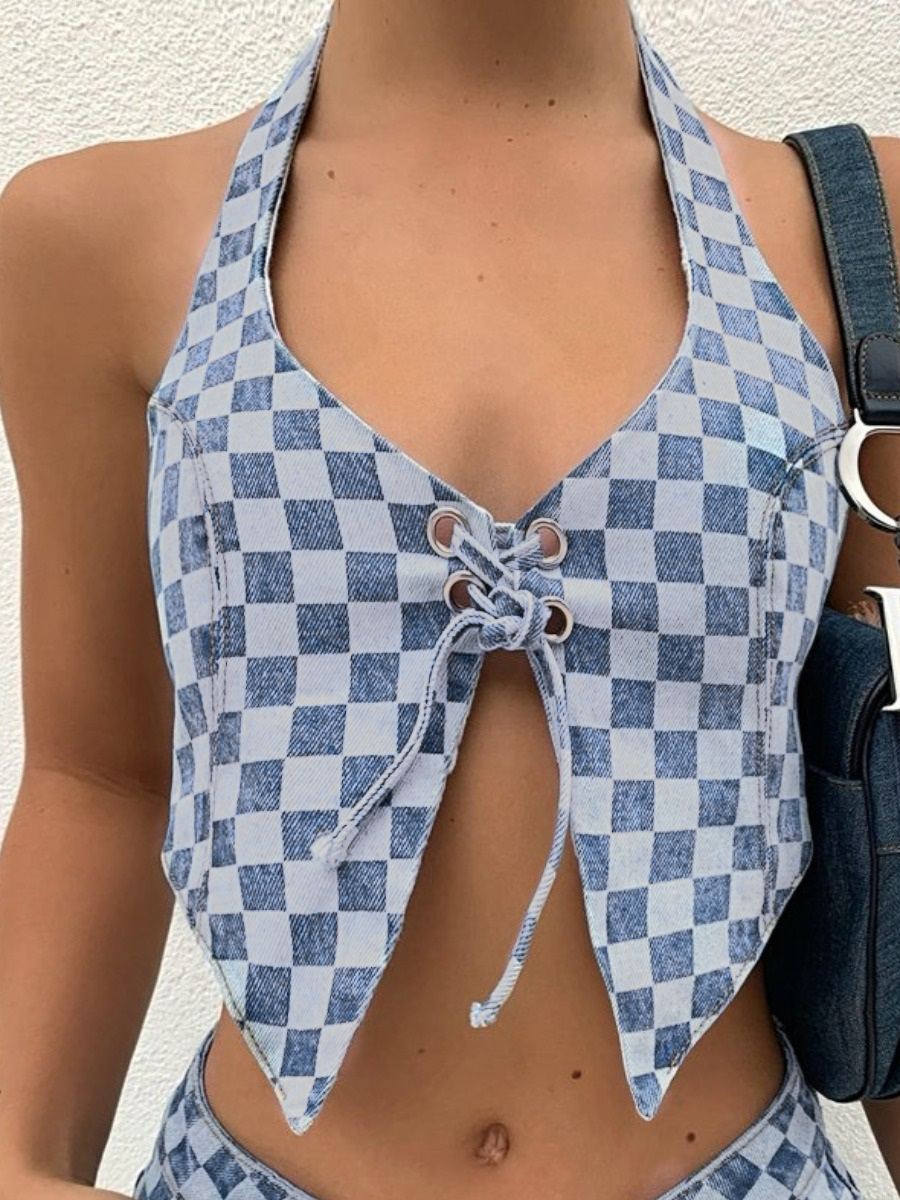 

LW Plaid Print Backless Denim Top (No Stretch), Blue
