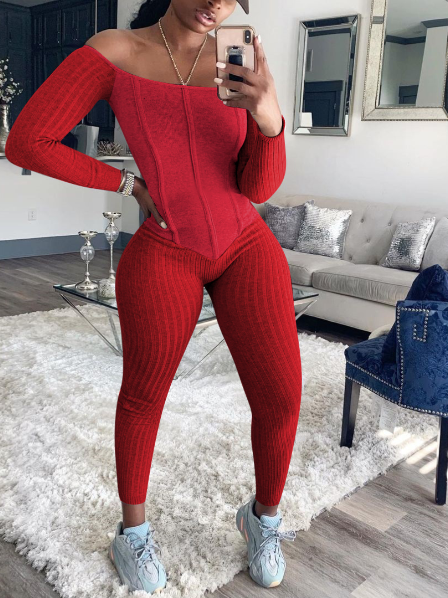

LW BASICS Off Shoulder Contrast Ribbed Knit Skinny Jumpsuit, Red