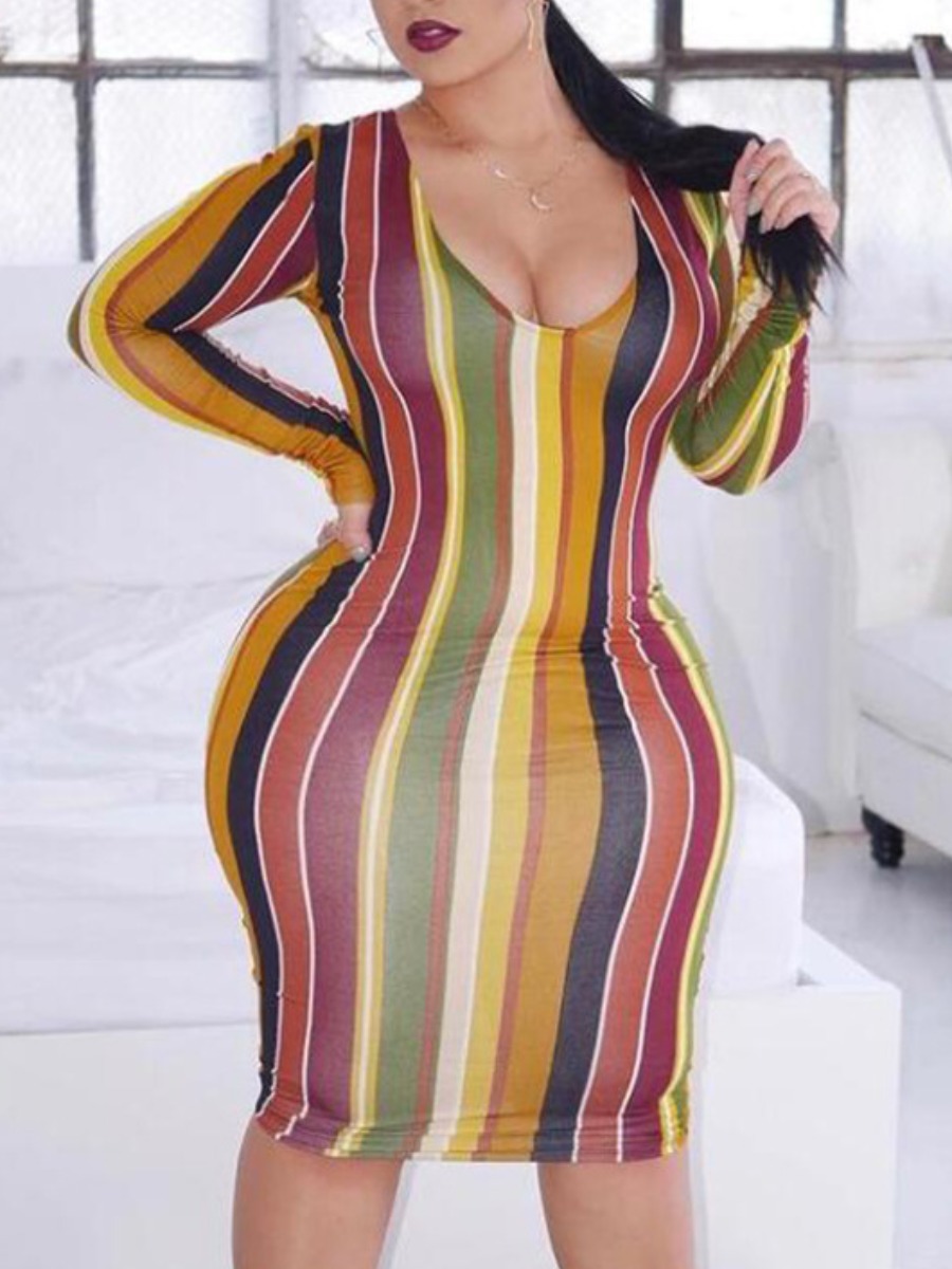 

LW Plus Size U Neck Striped Print Bodycon Dress, Multicolor stripe
