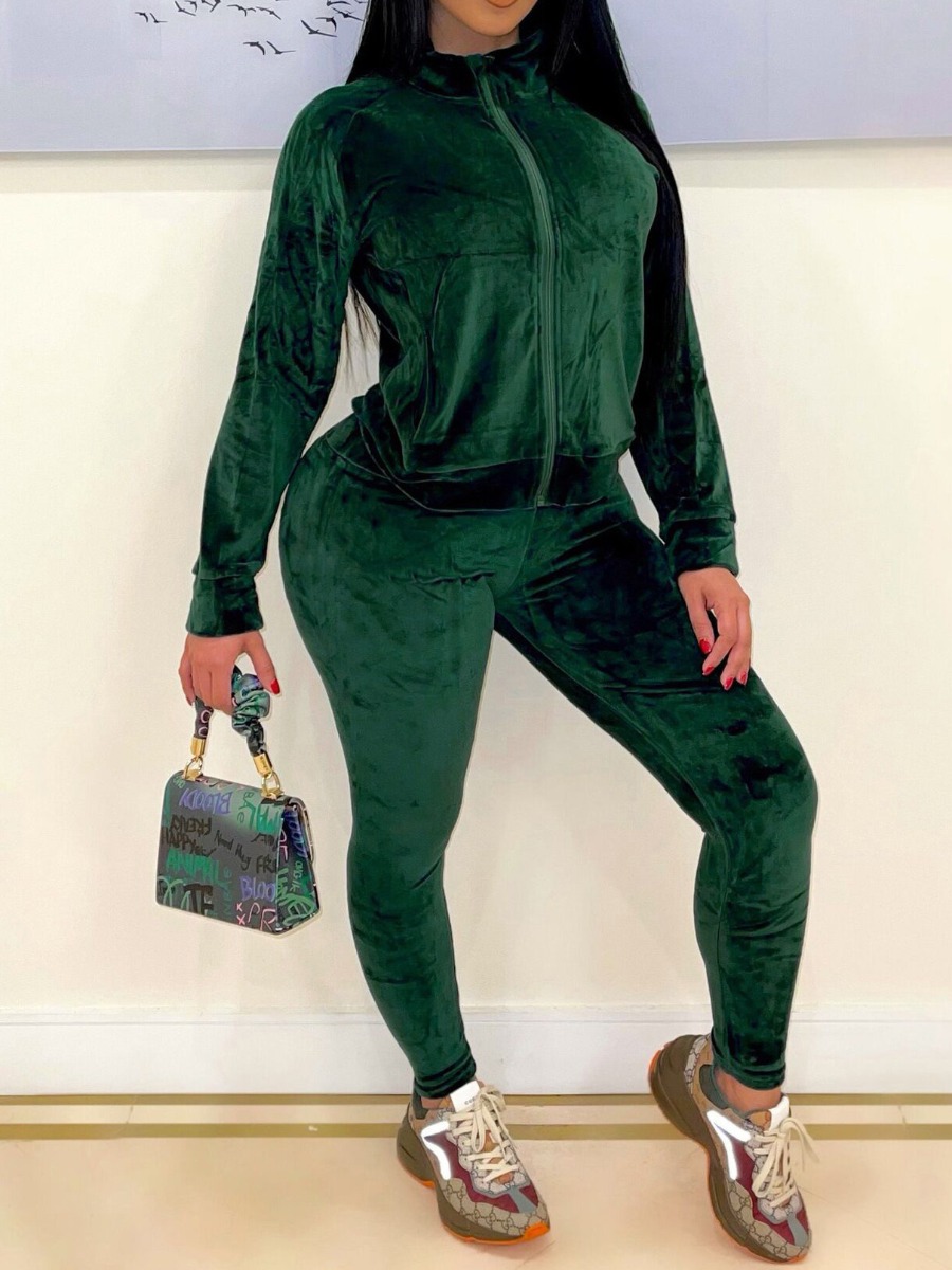 

LW Velvet Zipper Design Tracksuit Set, Green