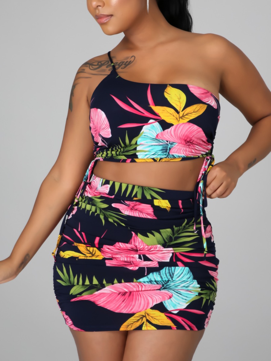 

LW Floral Print Drawstring Skirt Set, Black