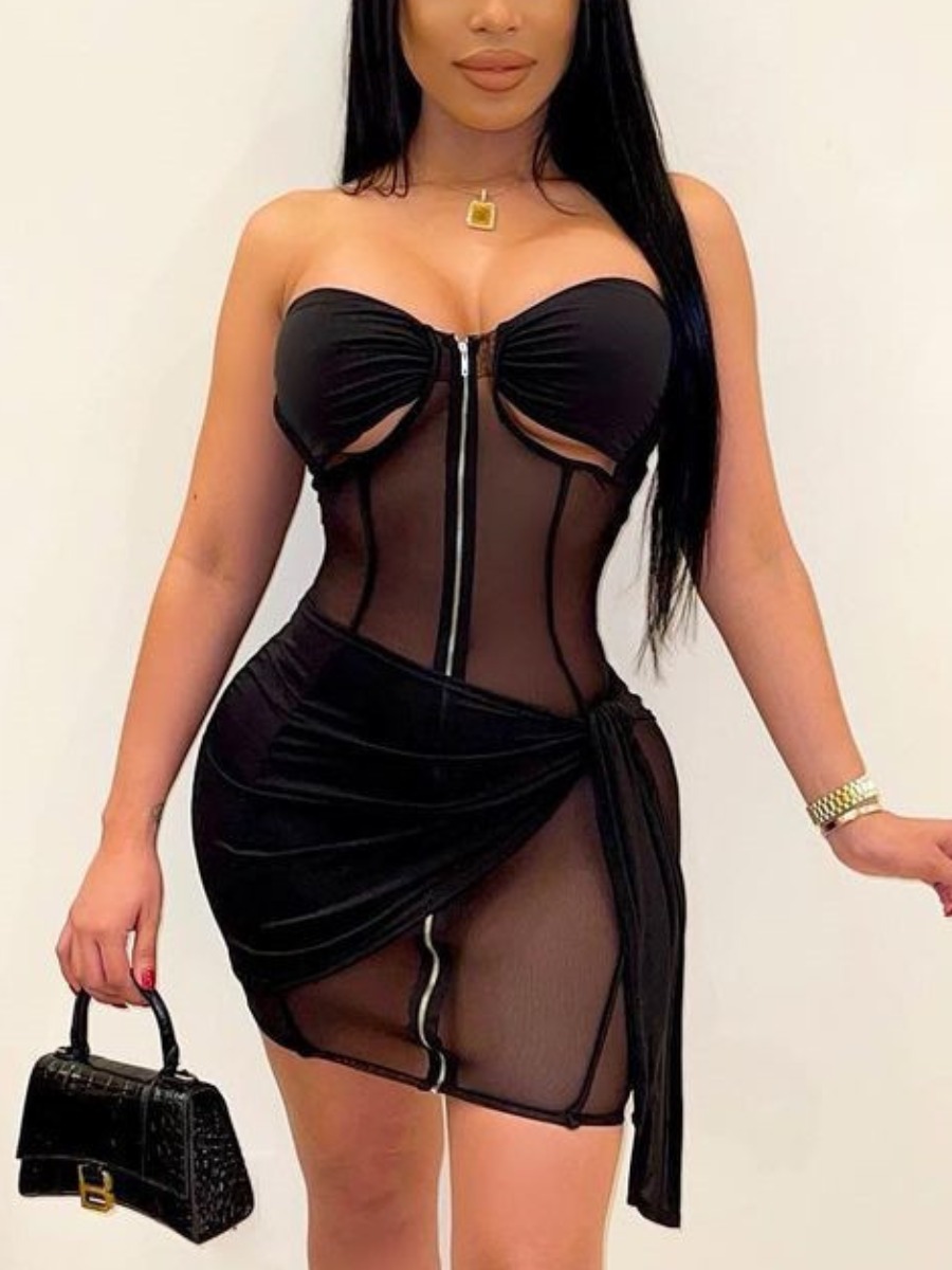 

LW SXY Off The Shoulder See-through Bodycon Dress, Black