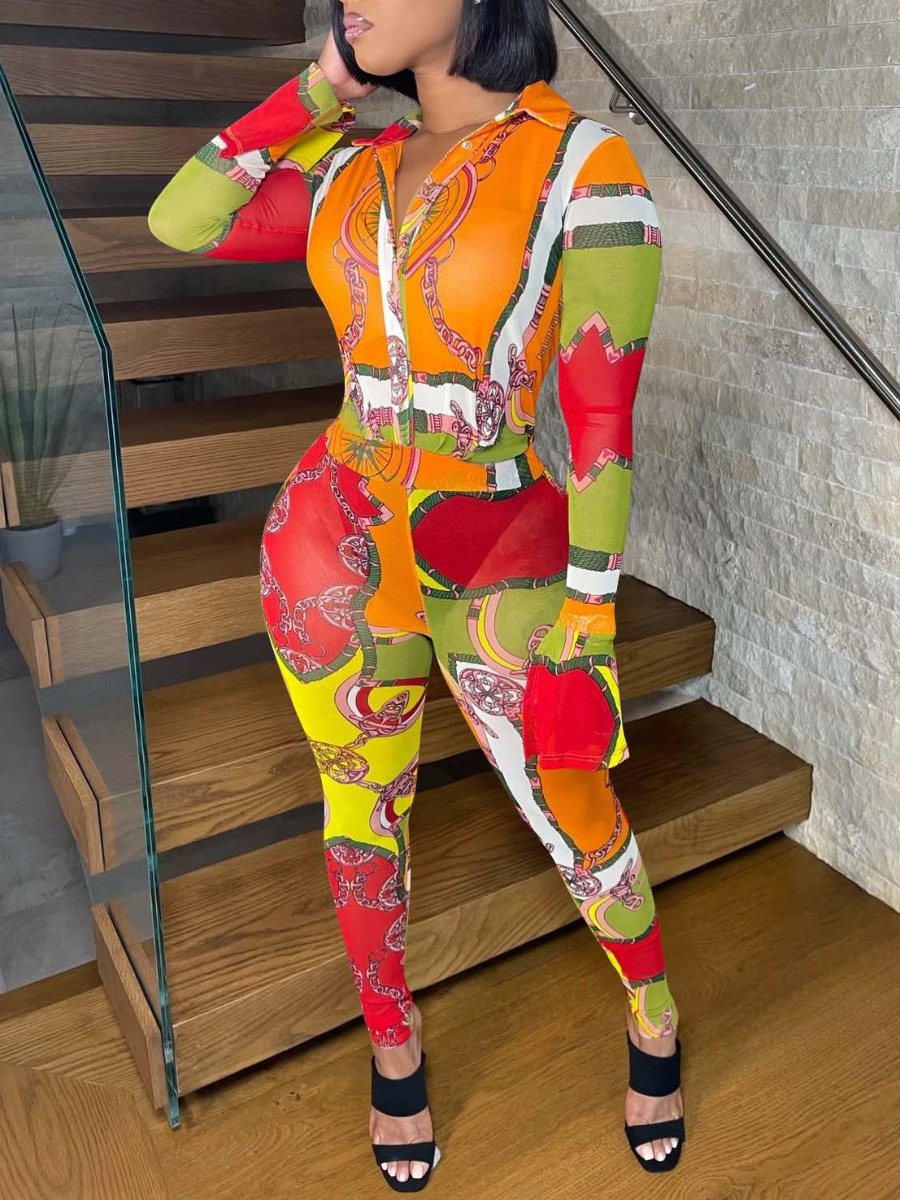 

LW Chain Print Flared Jumpsuit, Orange