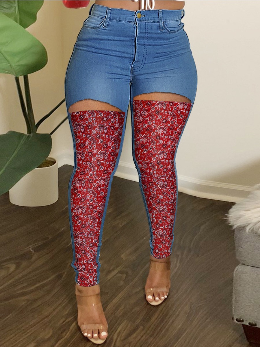 

LW High Stretchy Cashew Print Ripped Jeans, Blue