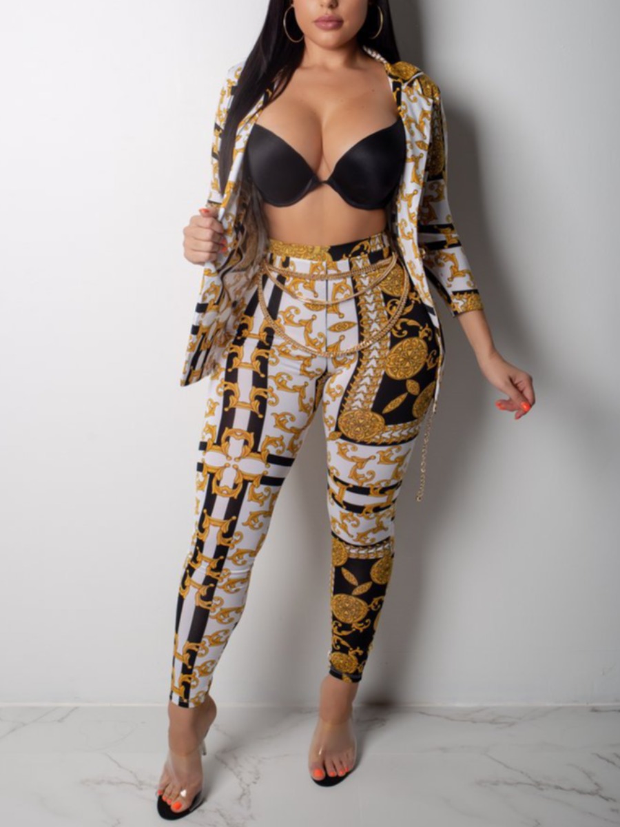 

LW SXY Mixed Print High-waisted Pants Set (Without Bra And Chain), Yellow