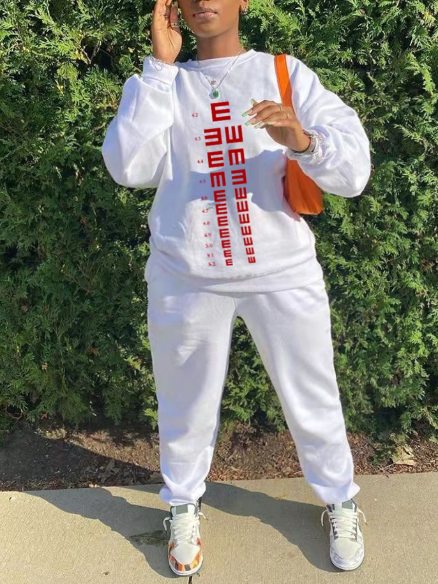 

LW Plus Size Round Neck Letter Print Tracksuit Set, White