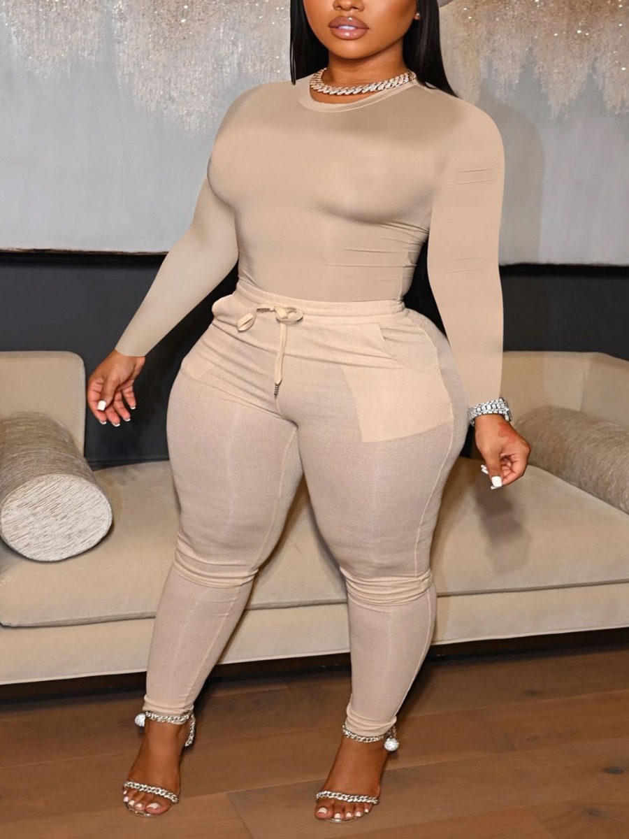 

LW SXY Plus Size Round Neck Drawstring Pants Set, Apricot