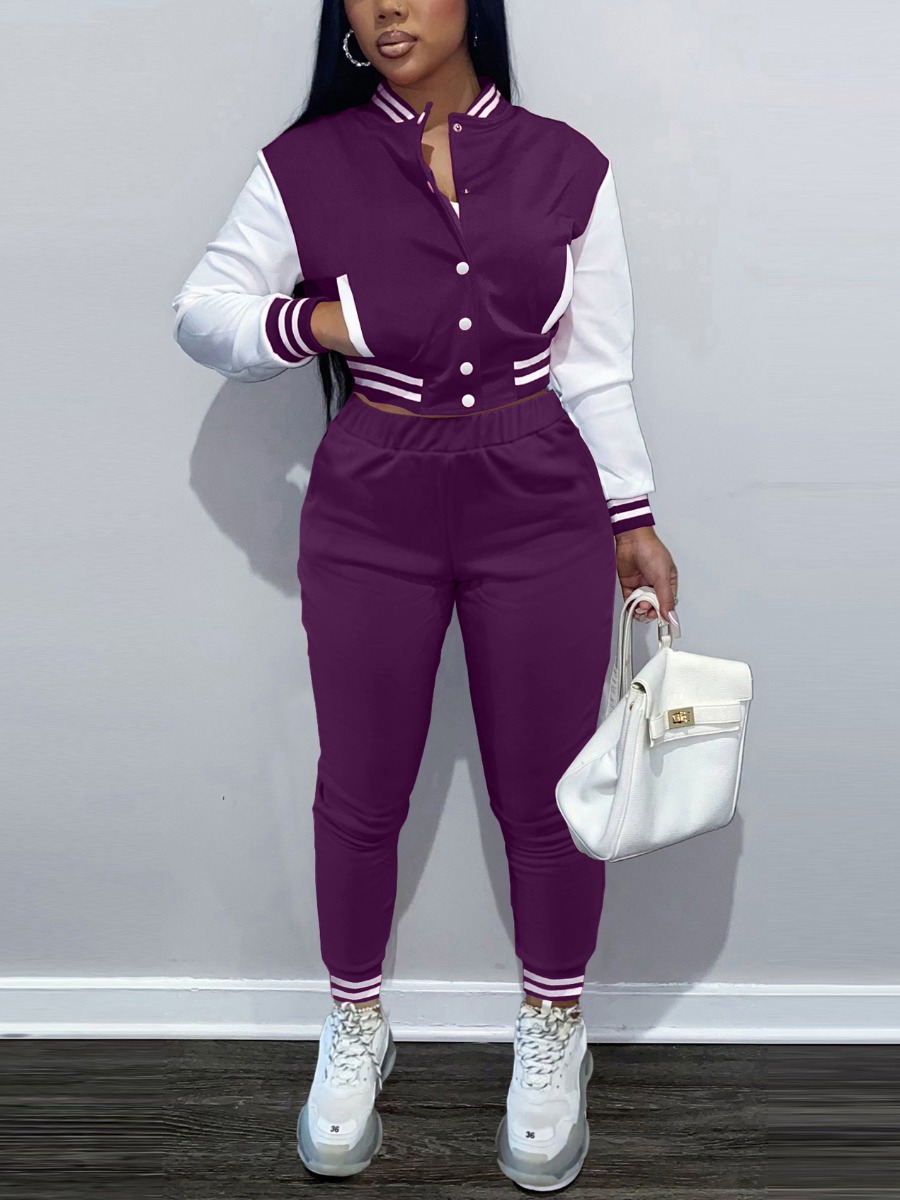 

LW Striped Button Design Tracksuit Set, Purple