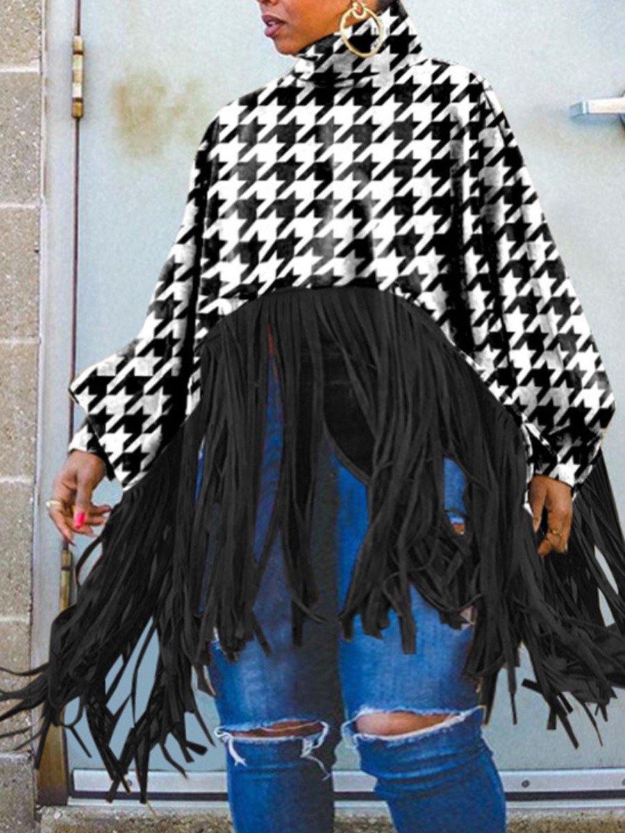 

LW Plus Size Tassel Design Houndstooth Oversized Blouse, Black