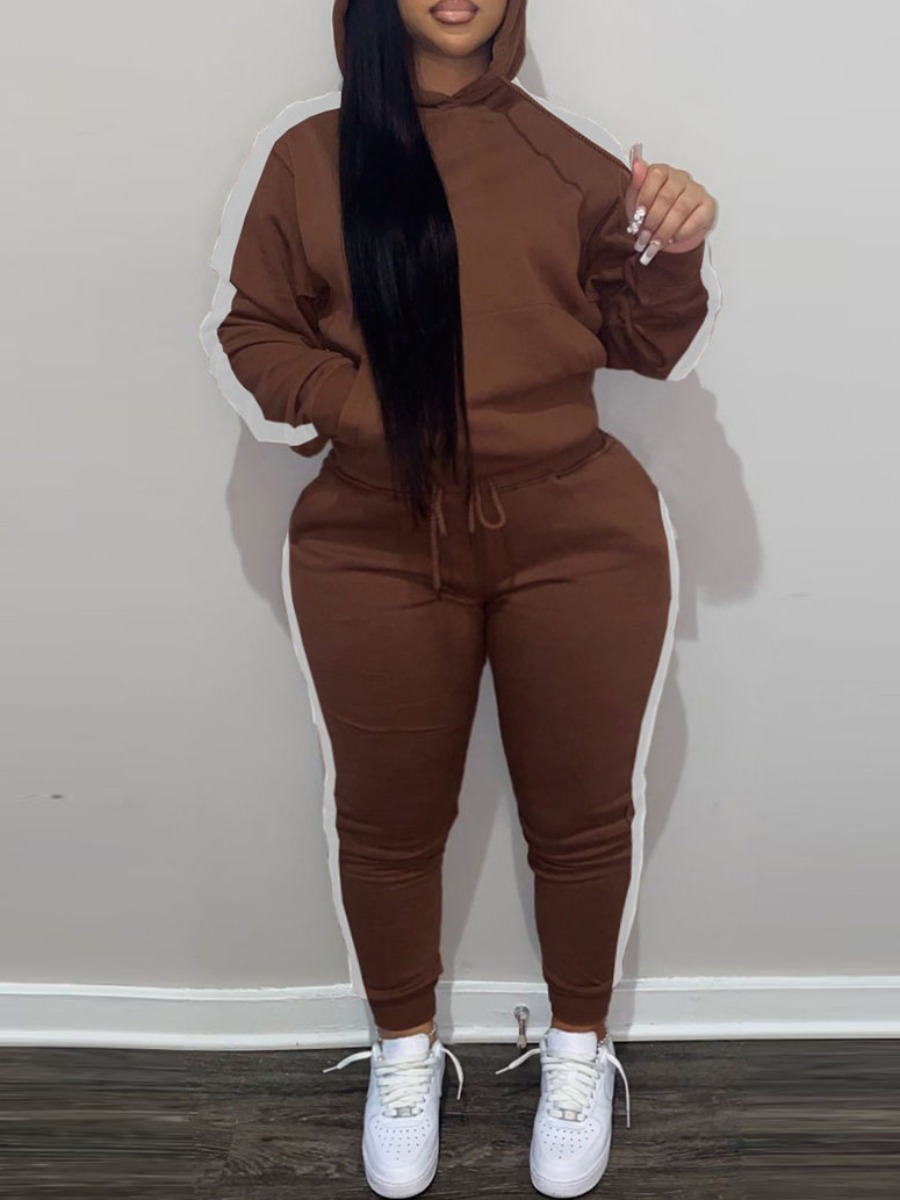 

LW Plus Size Striped Drawstring Tracksuit Set, Brown