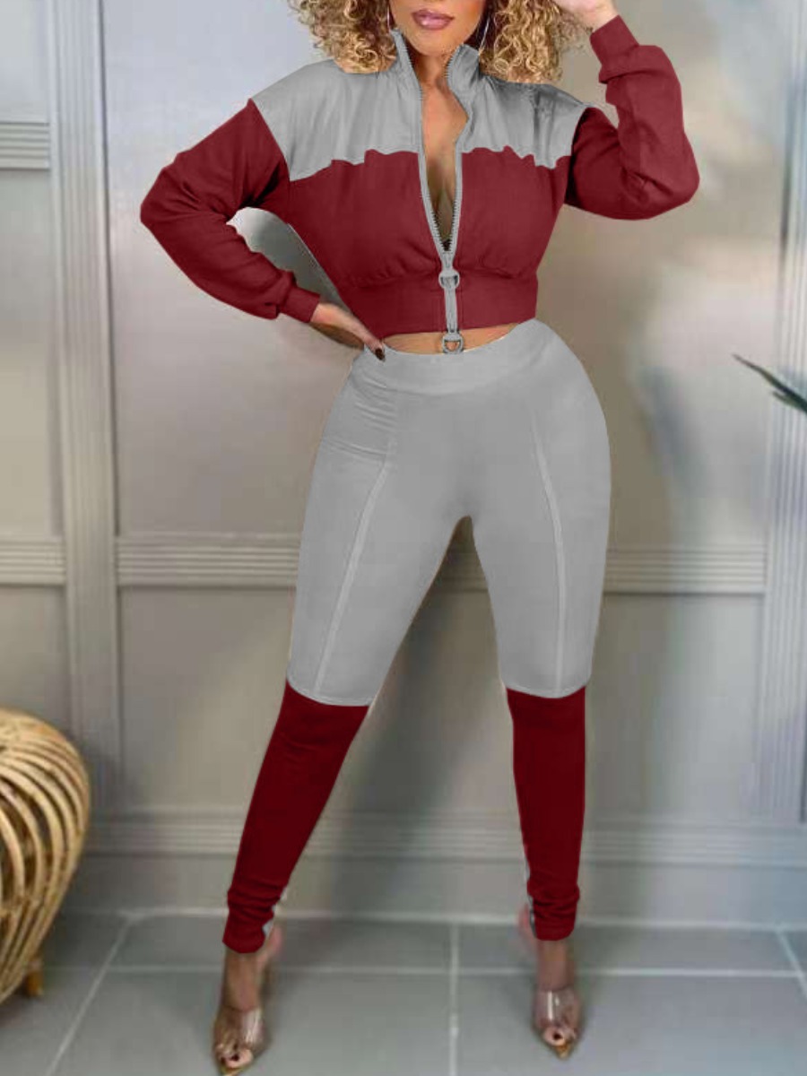 

LW Zipper Design Patchwork Tracksuit Set, Wine red
