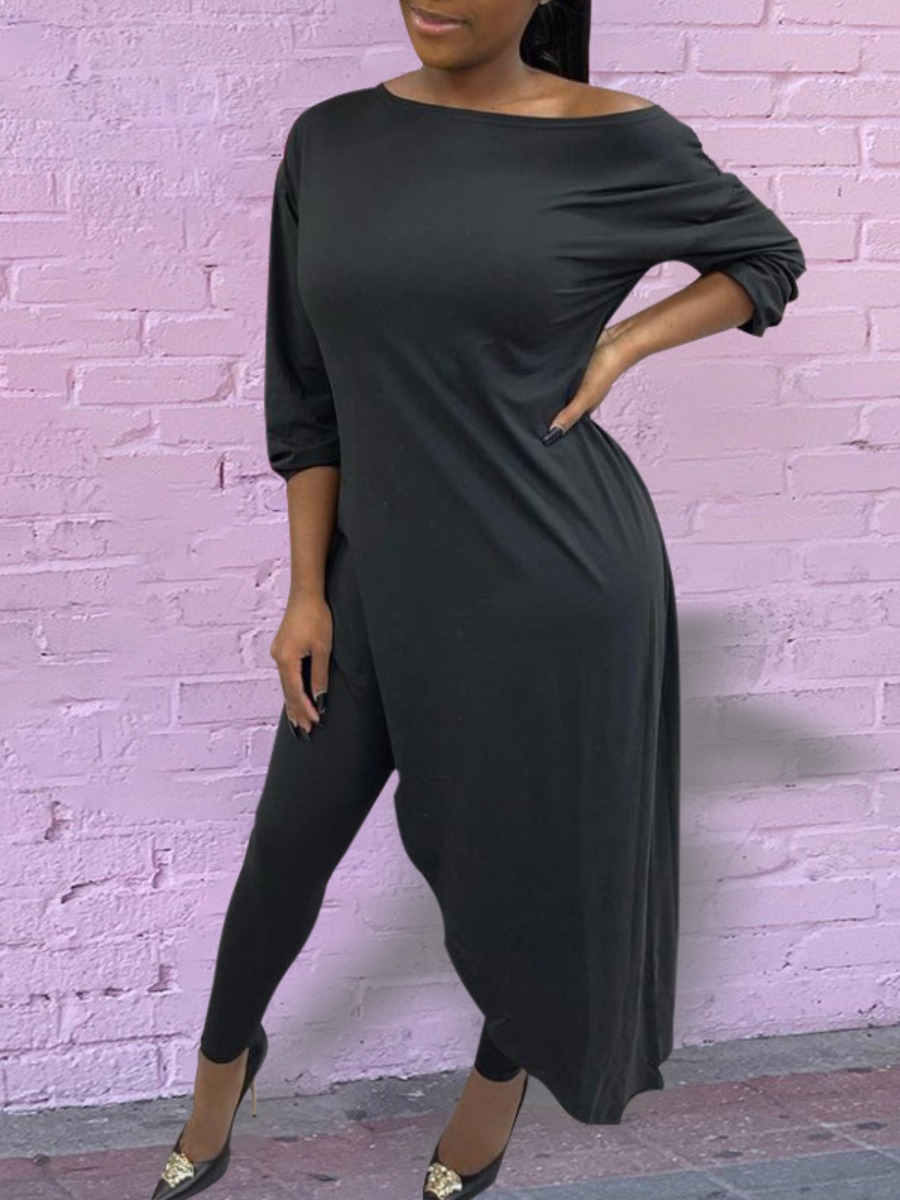 

LW Scoop Neck Split Solid Pants Set, Black