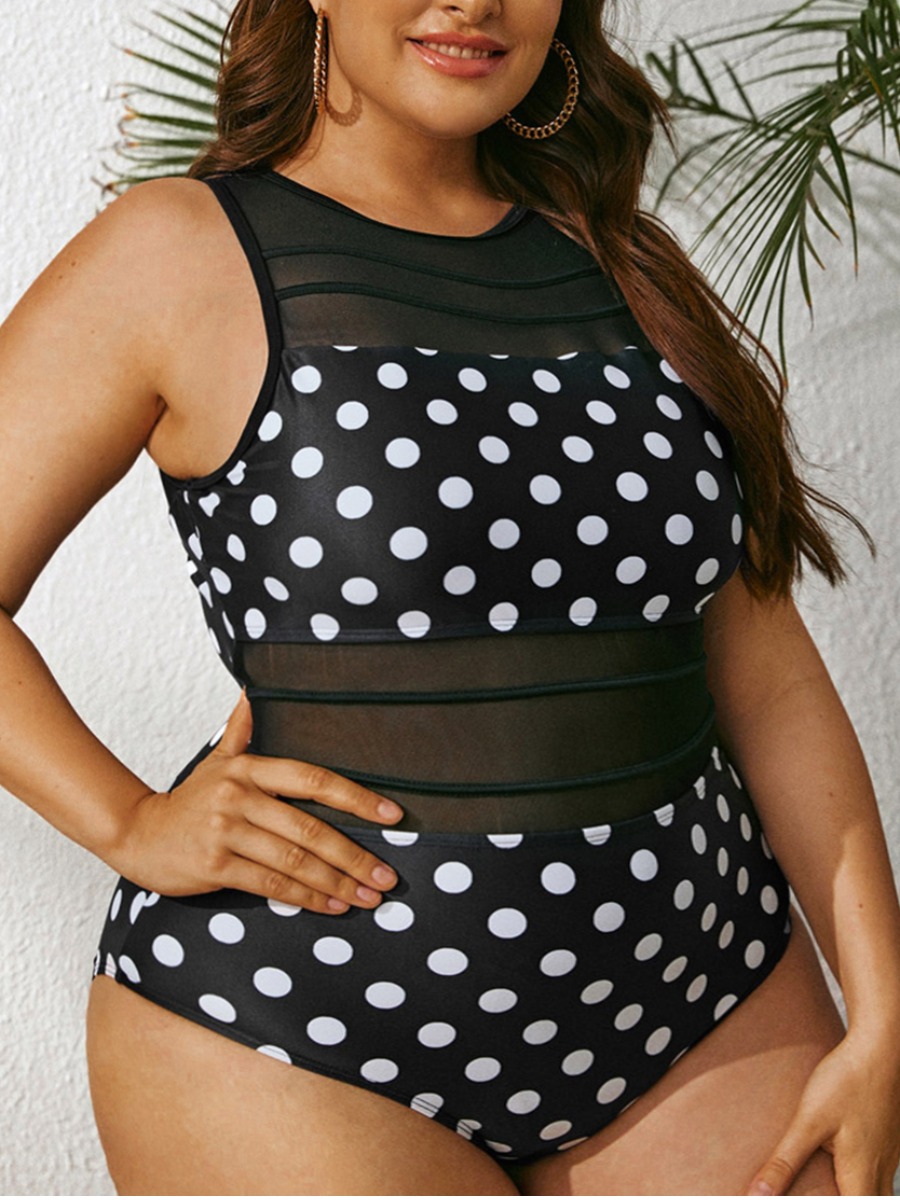 

LW Plus Size Dot Print See-through One-piece Swimsuit, Black