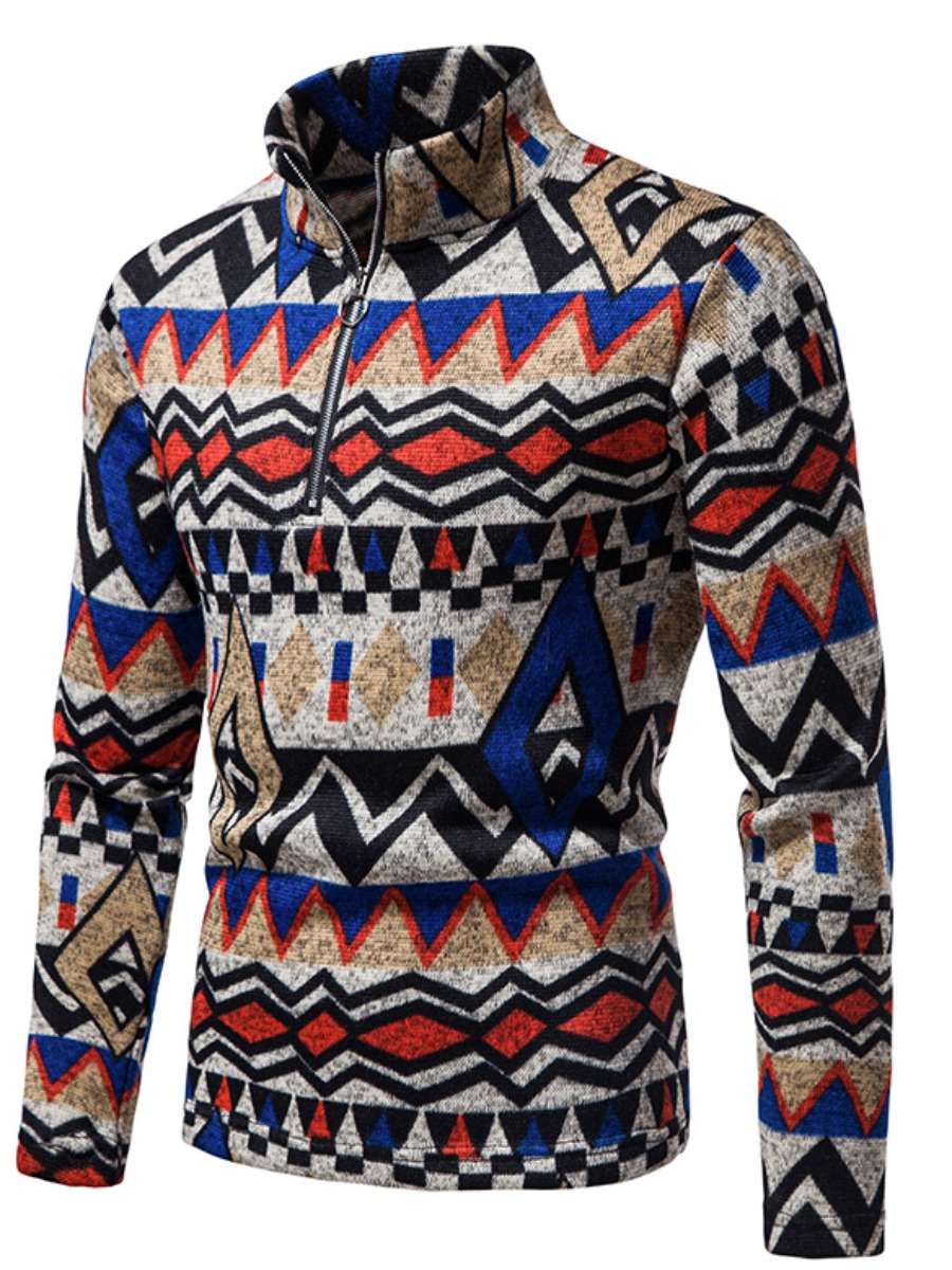 

LW COTTON Men Turtleneck Geometric Print Sweater, Multi