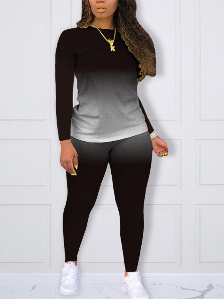 

LW BASICS Plus Size Round Neck Gradient Pants Set, Black