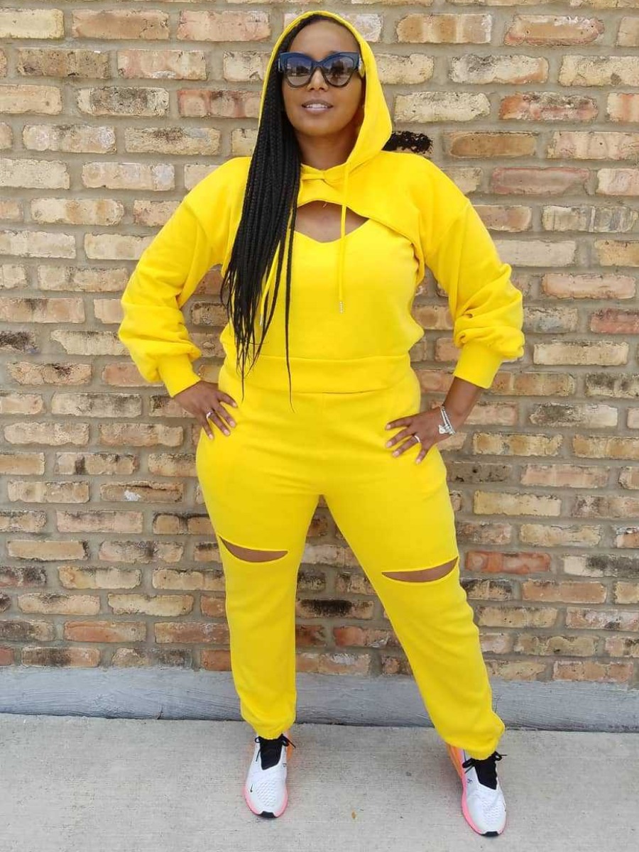 

LW Cut Out Drawstring Solid Tracksuit Set, Yellow