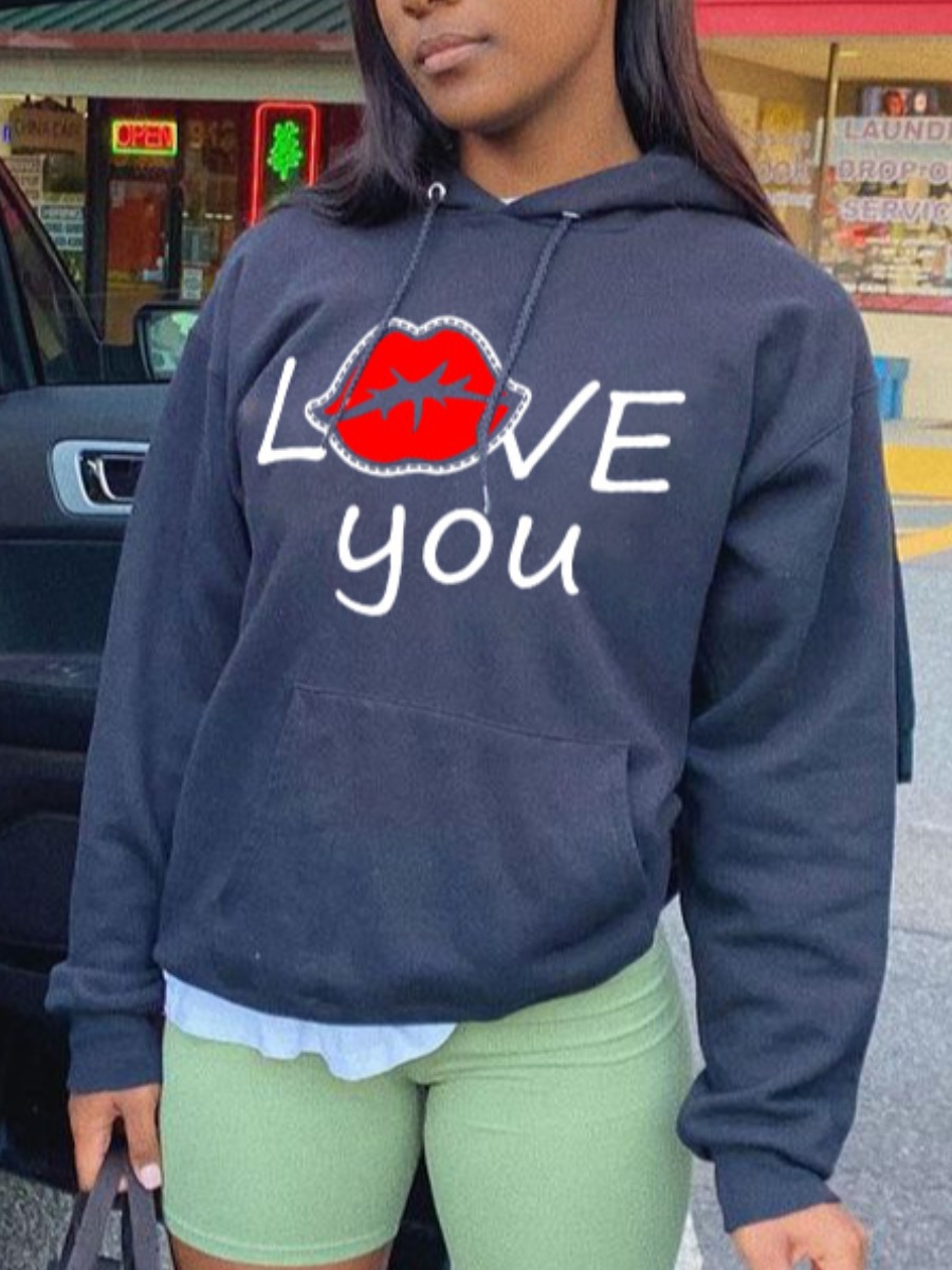 

LW Lip Letter Print Hoodie, Black