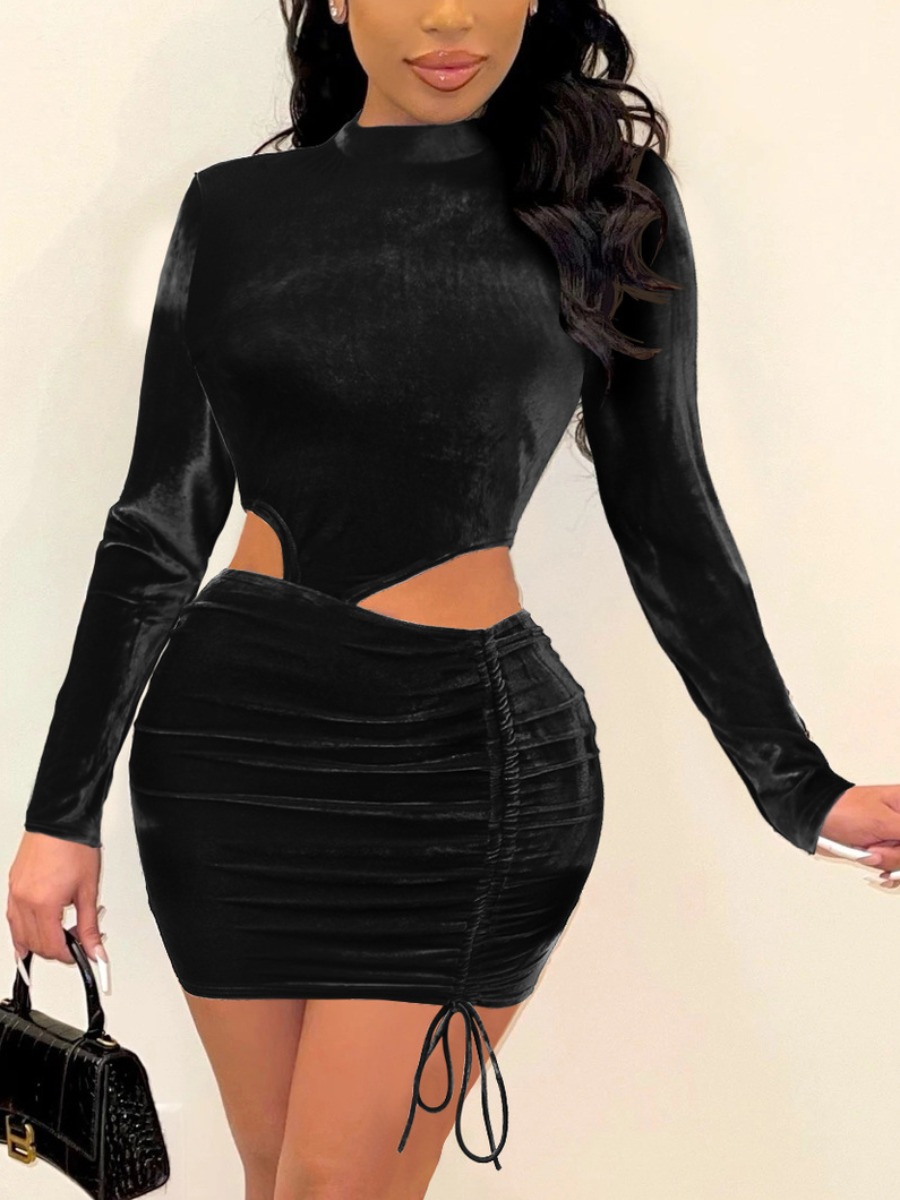 

LW SXY Velvet Cut Out Drawstring Bodycon Dress, Black