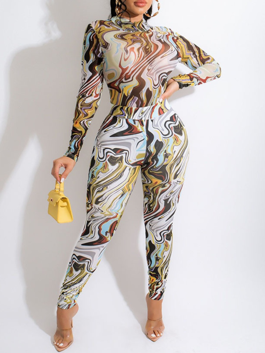 

LW SXY Mixed Print See-through Pants Set, White