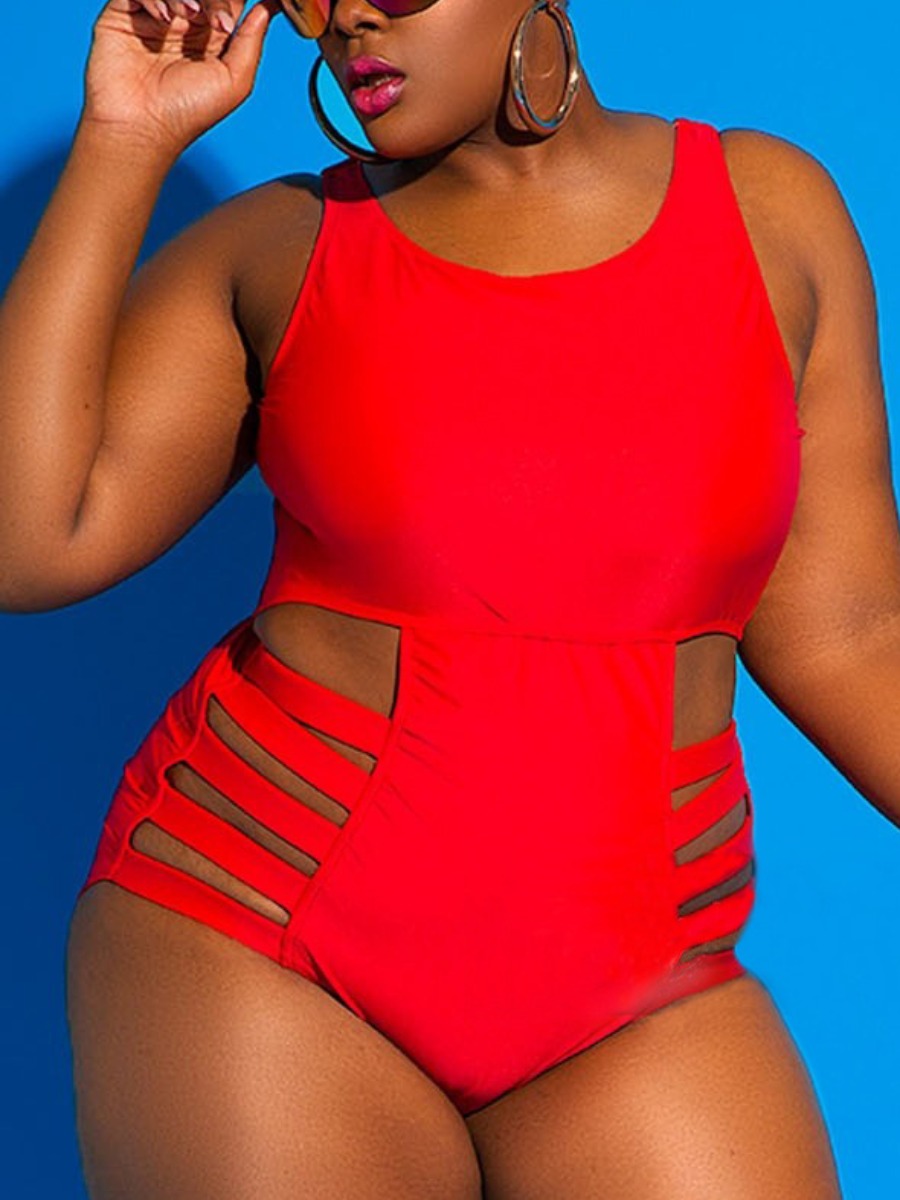 

LW Plus Size Round Neck Cut Out One-piece Swimsuit, Red