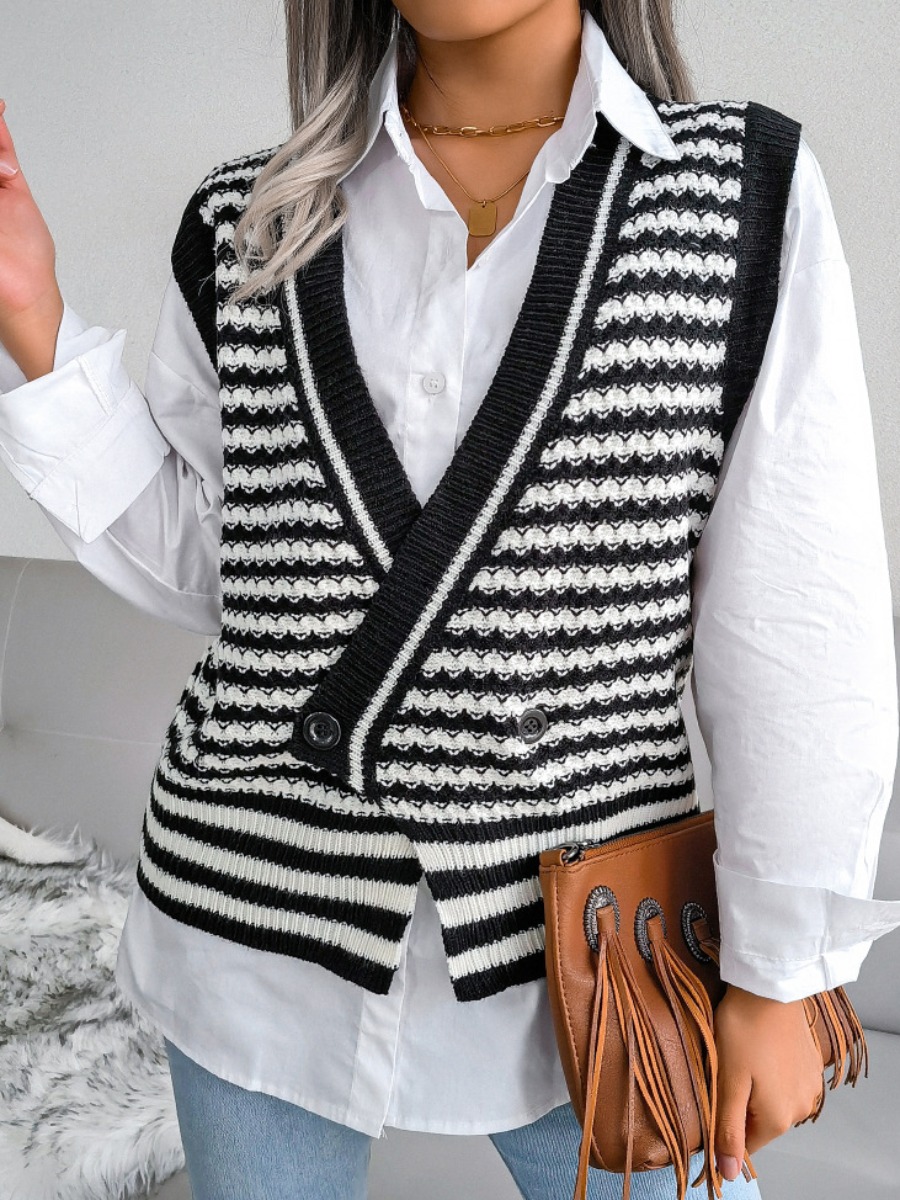 

LW Striped Button Design Cardigan, Black