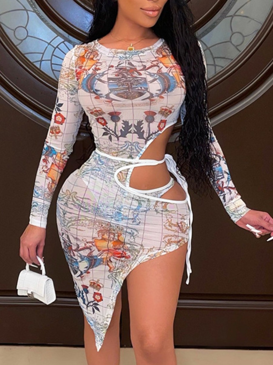 

LW SXY Mixed Print Cut Out See-through Skirt Set, White