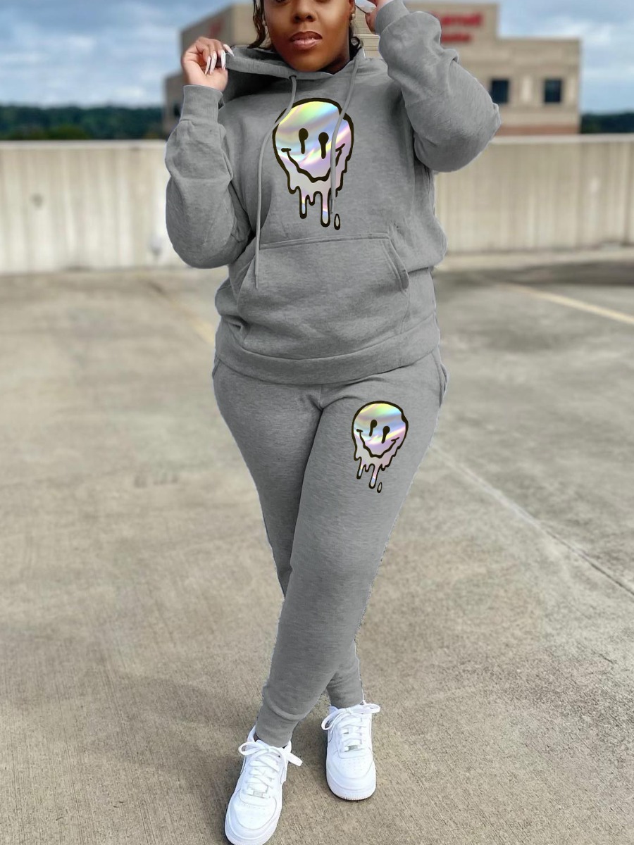 

LW Cartoon Print Kangaroo Pocket Tracksuit Set, Grey