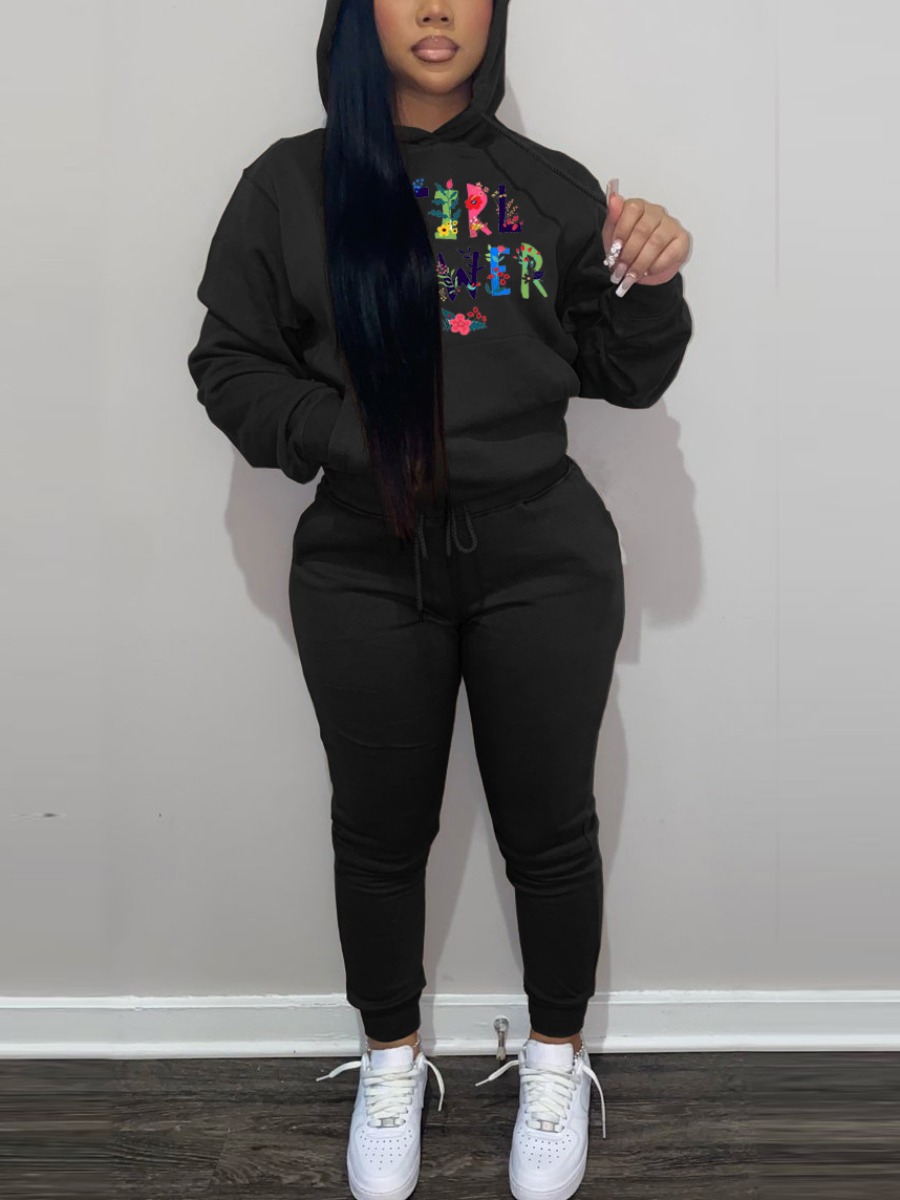

LW Letter Print Kangaroo Pocket DrawstringTracksuit Set, Black